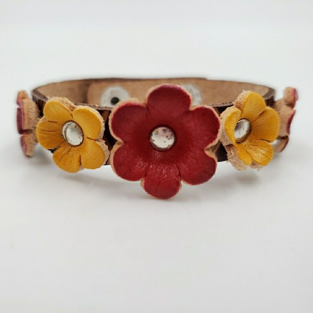 Handmade Floral Leather Cuff Bracelet Adjustable Rustic Boho Prairie Cottagecore - Picture 11 of 16